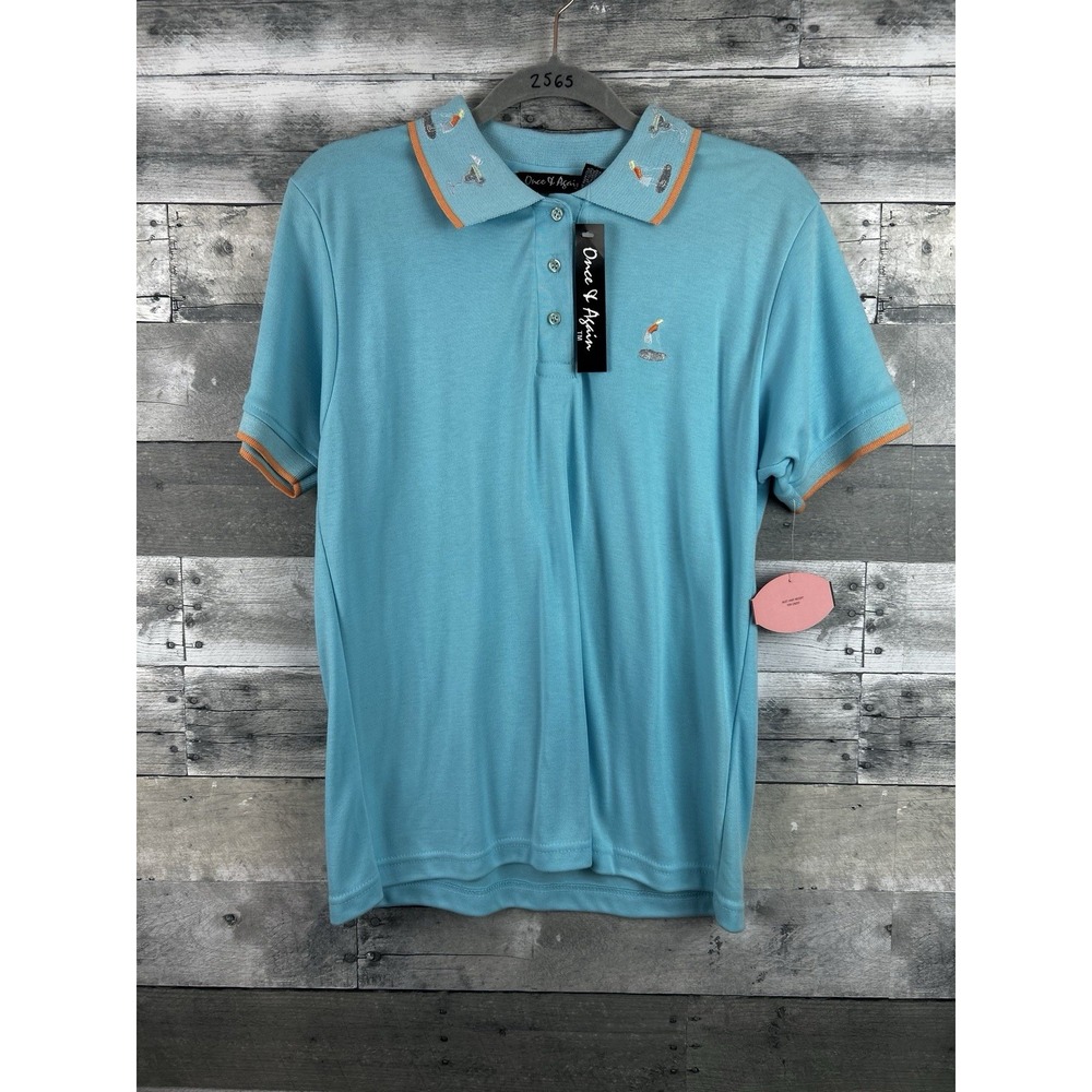 Once & Again Women's Blue Short Sleeve Large Polo With Embroidery